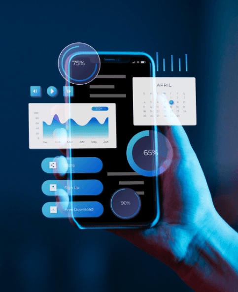 Hand holding a phone with analytics dashboards